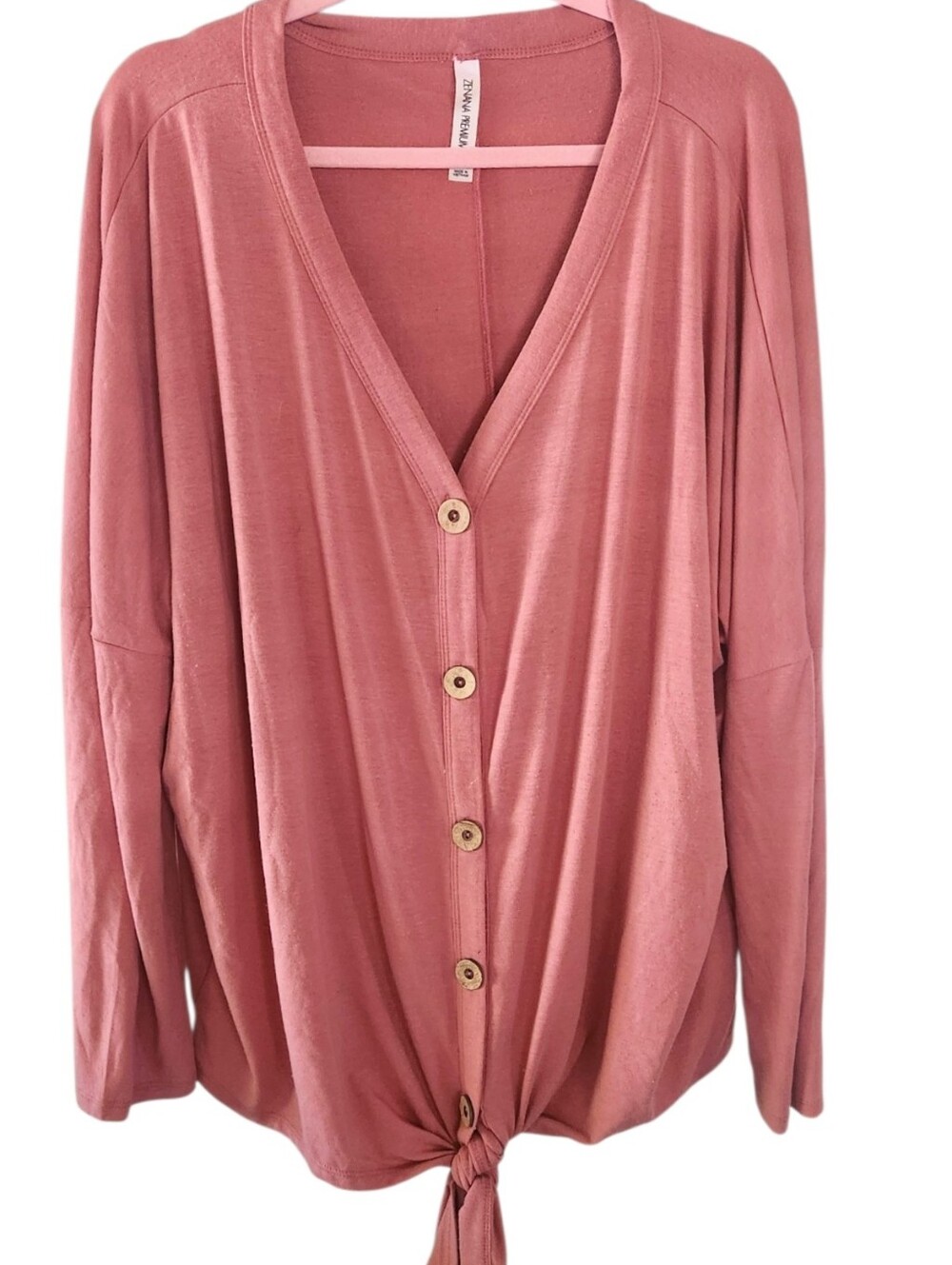 ZENANA PREMIUM Rose V-neck Long Sleeve Button-Front Tie Front Blouse Plus Sz 2X
